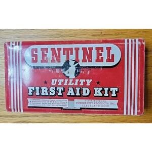 Vintage SENTINEL Utility First Aid Kit Tin Box, Cleveland Ohio, Armed Soldier
